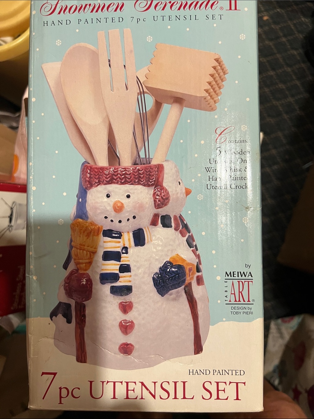 Snowman Utensil Crock 7pc Hand-Painted Set